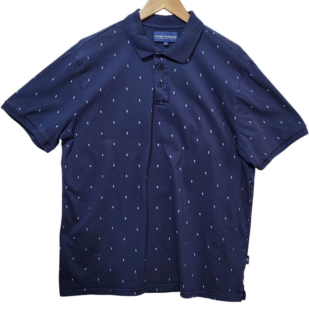 Stone Harbour Mens XL Navy Blue Dash Print‎ Short Sleeve Cotton Polo Shirt